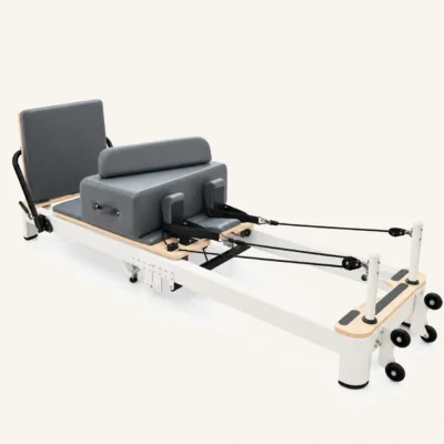 Vimora aluminum-frame white folding Pilates reformer, for professional studio use