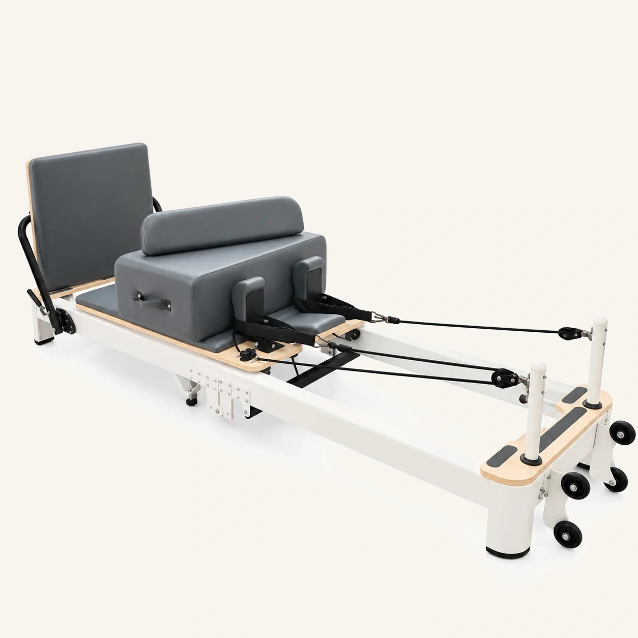vimora reformer aluminum folding white.webp Vimora aluminum-frame white folding Pilates reformer, for professional studio use