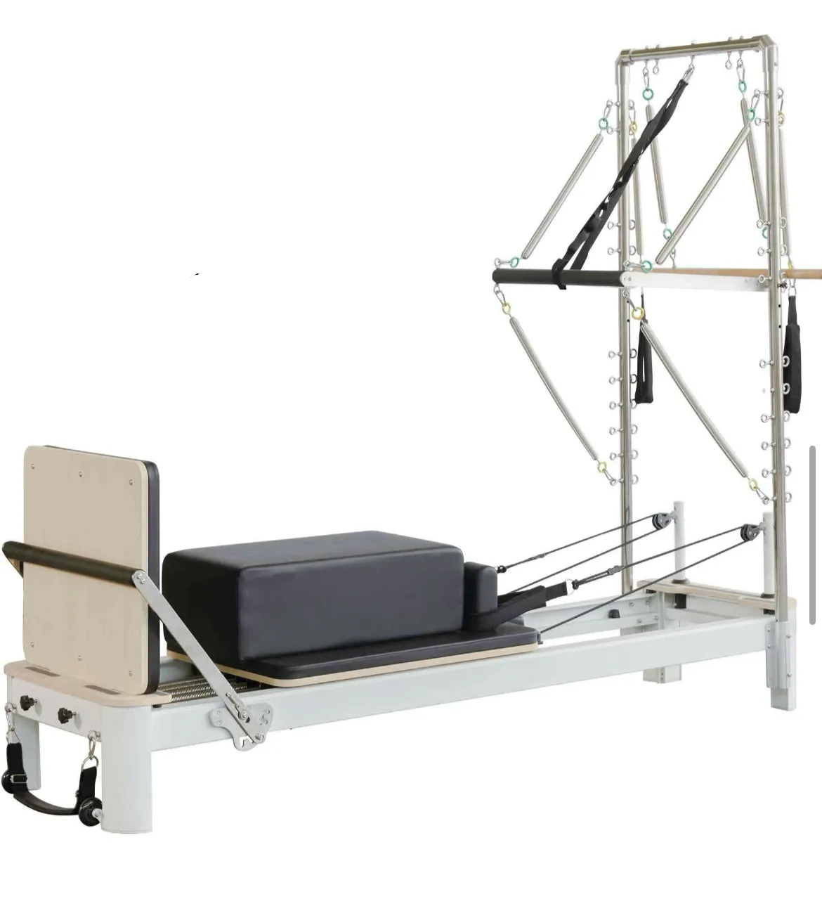 vimora reformer aluminum white half tower 03.webp Vimora aluminum-frame white Pilates reformer with half tower, for professional studio use