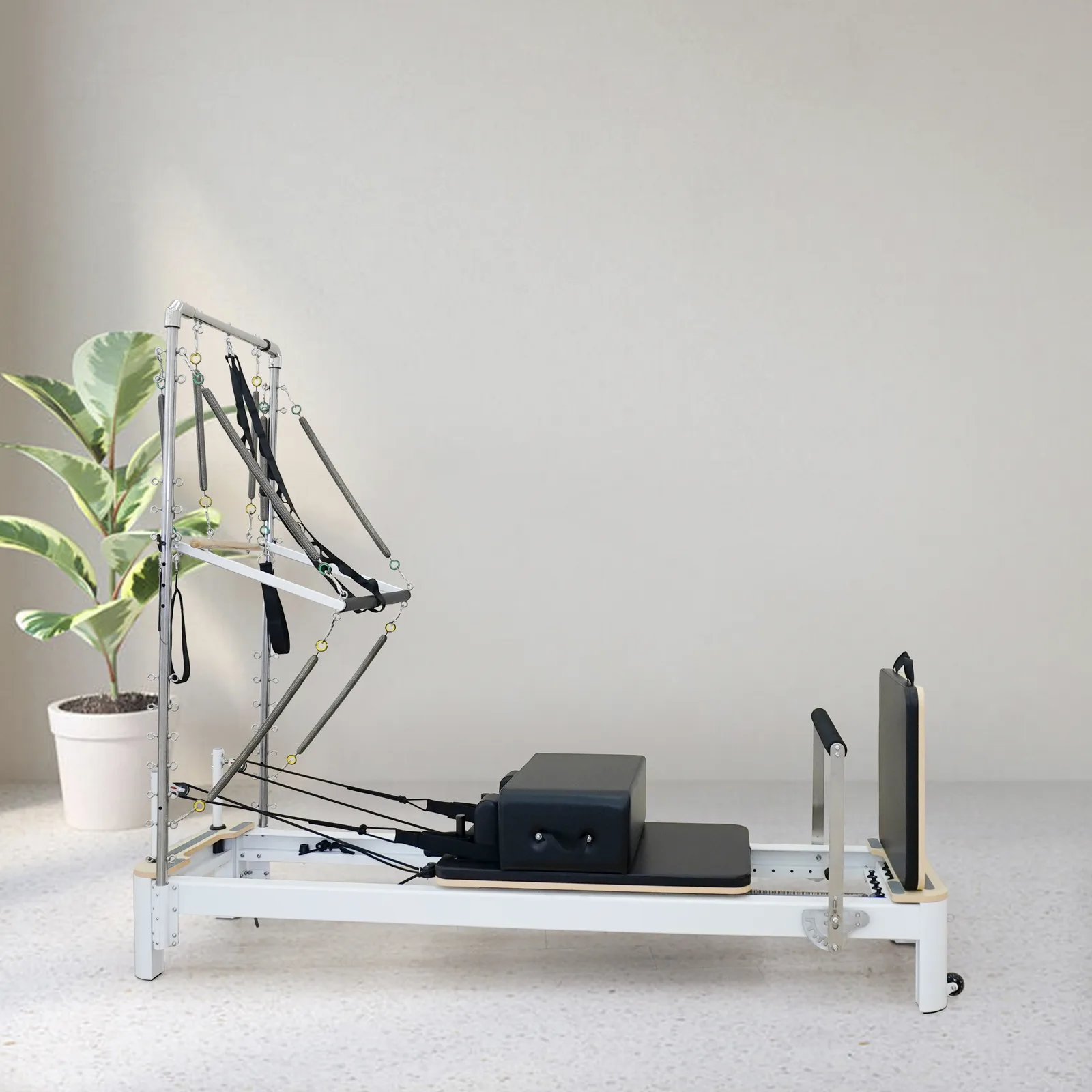 vimora reformer aluminum white half tower 05.webp Vimora aluminum-frame white Pilates reformer with half tower, for professional studio use