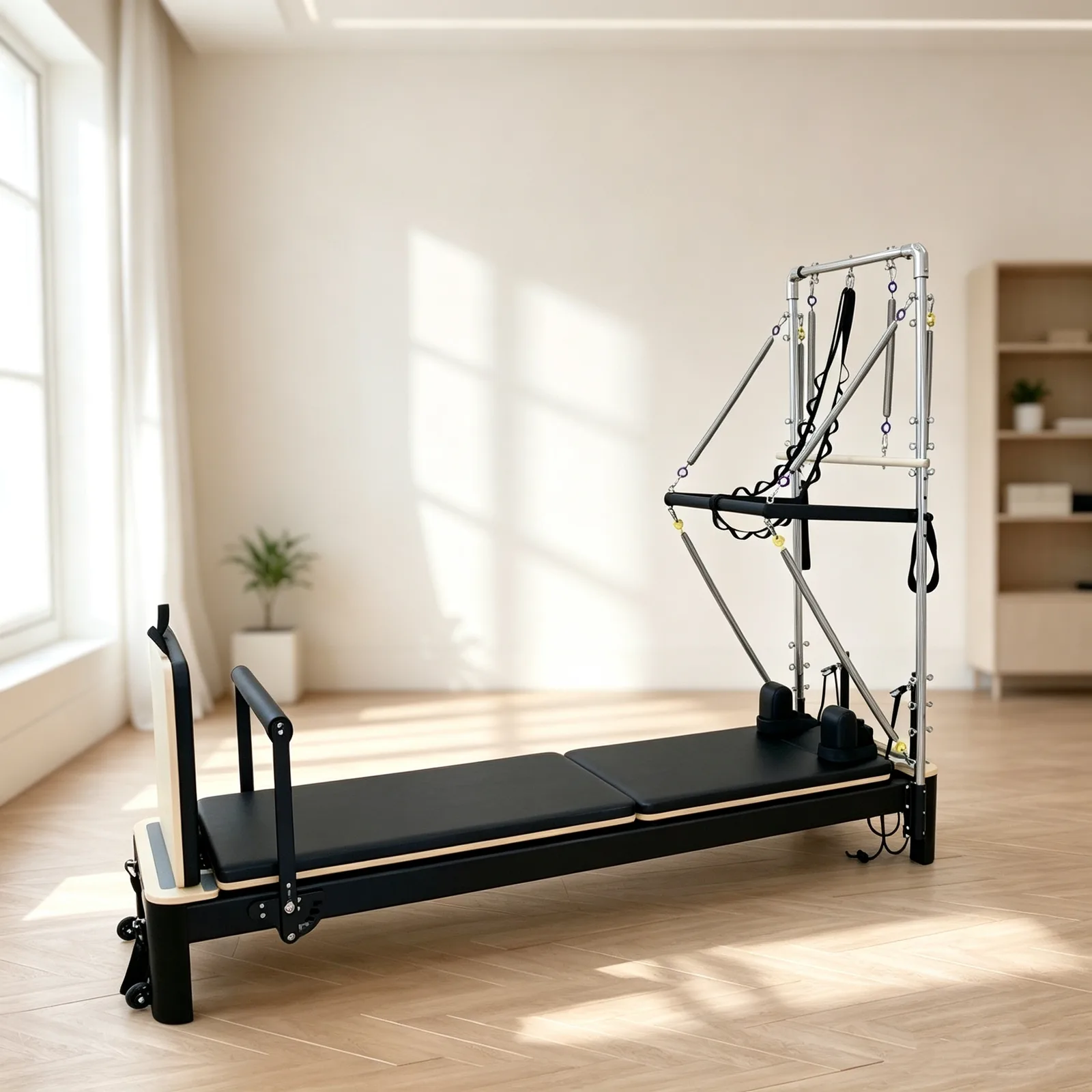 vimora reformer aluminum white half tower 08.webp Vimora aluminum-frame white Pilates reformer with half tower, for professional studio use