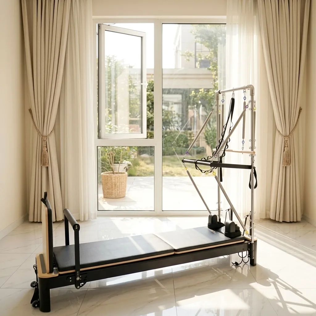 vimora reformer aluminum white half tower 09.webp Vimora aluminum-frame white Pilates reformer with half tower, for professional studio use