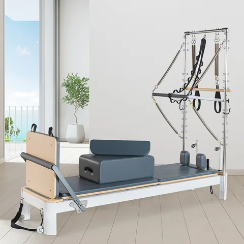 vimora reformer aluminum white half tower 10.webp Vimora aluminum-frame white Pilates reformer with half tower, for professional studio use