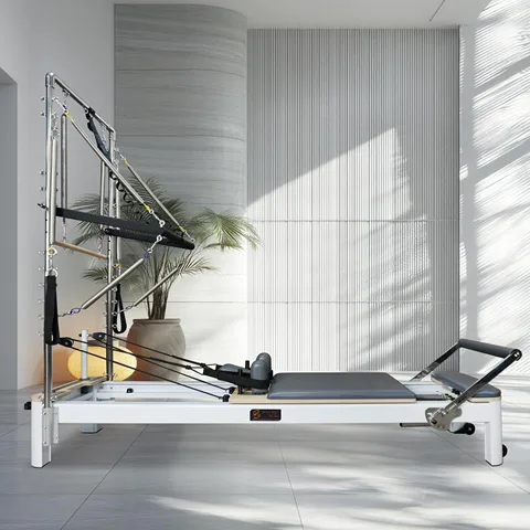 vimora reformer aluminum white half tower 14.webp Vimora aluminum-frame white Pilates reformer with half tower, for professional studio use