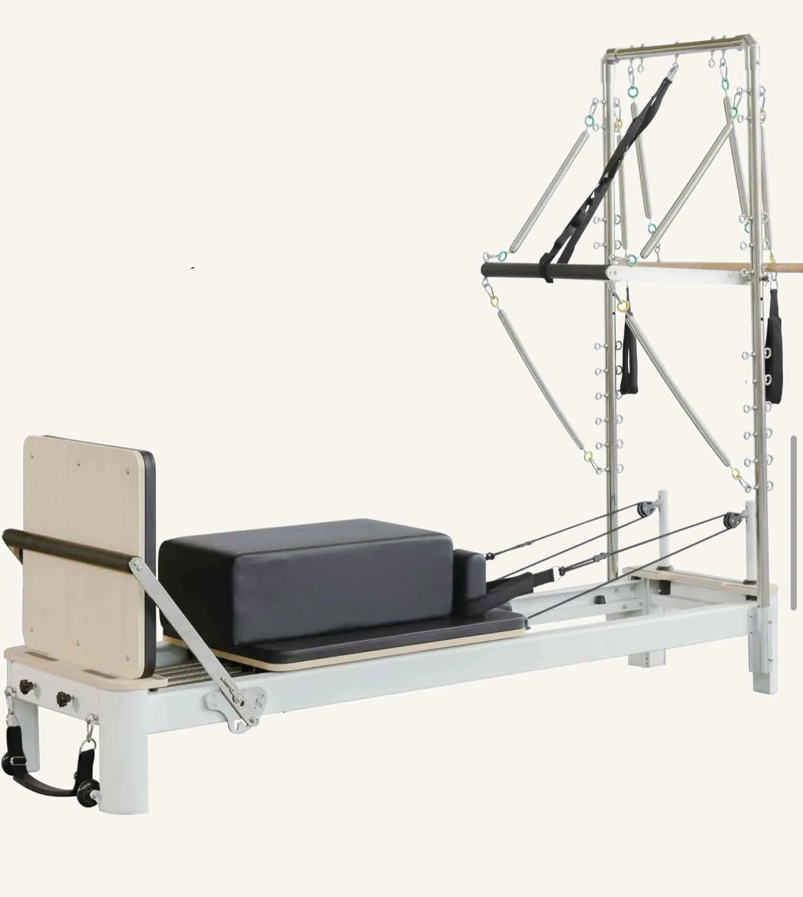 vimora reformer aluminum white half tower.webp Vimora aluminum-frame white Pilates reformer with half tower, for professional studio use