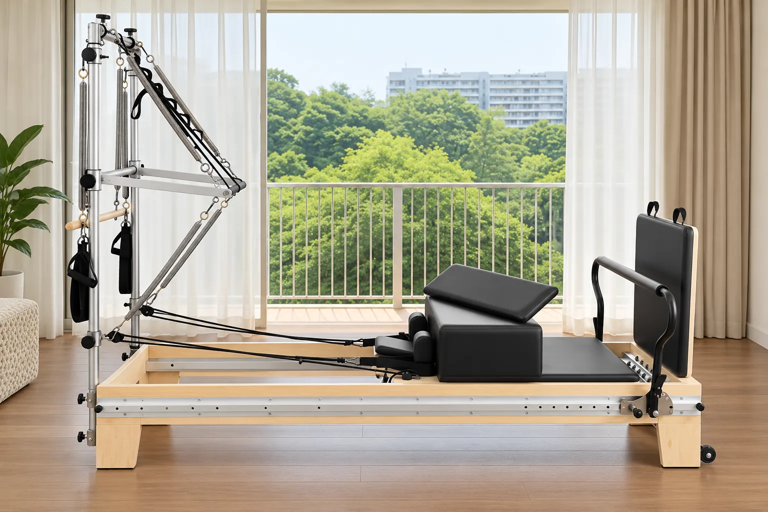 vimora reformer maple basi style full track half tower 02.webp Vimora maple wood BASI-style full track Pilates reformer with half tower, for professional studio use