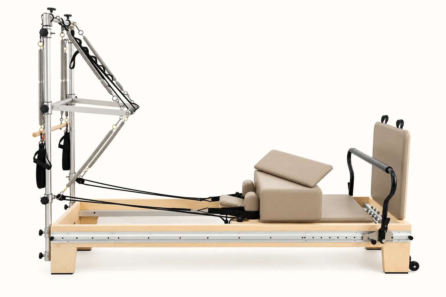 vimora reformer maple basi style full track half tower 04.webp Vimora maple wood BASI-style full track Pilates reformer with half tower, for professional studio use