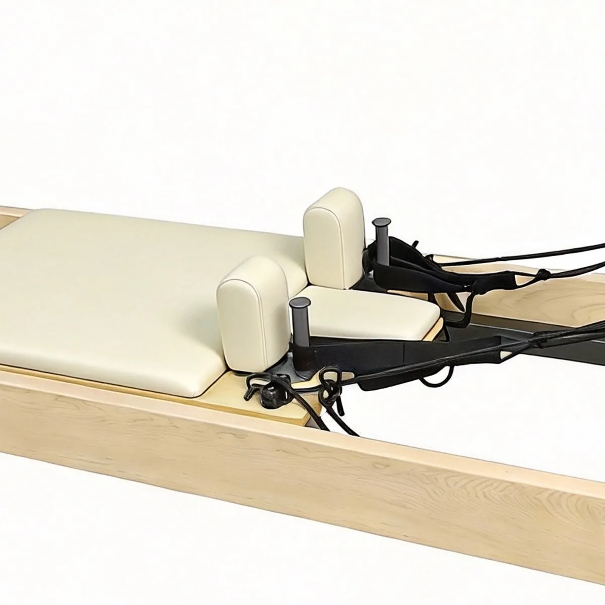 vimora reformer maple built in footbar 03.webp Vimora maple wood Pilates reformer with built-in footbar, for professional studio use