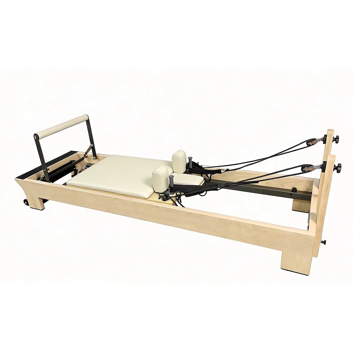 vimora reformer maple built in footbar 04.webp Vimora maple wood Pilates reformer with built-in footbar, for professional studio use