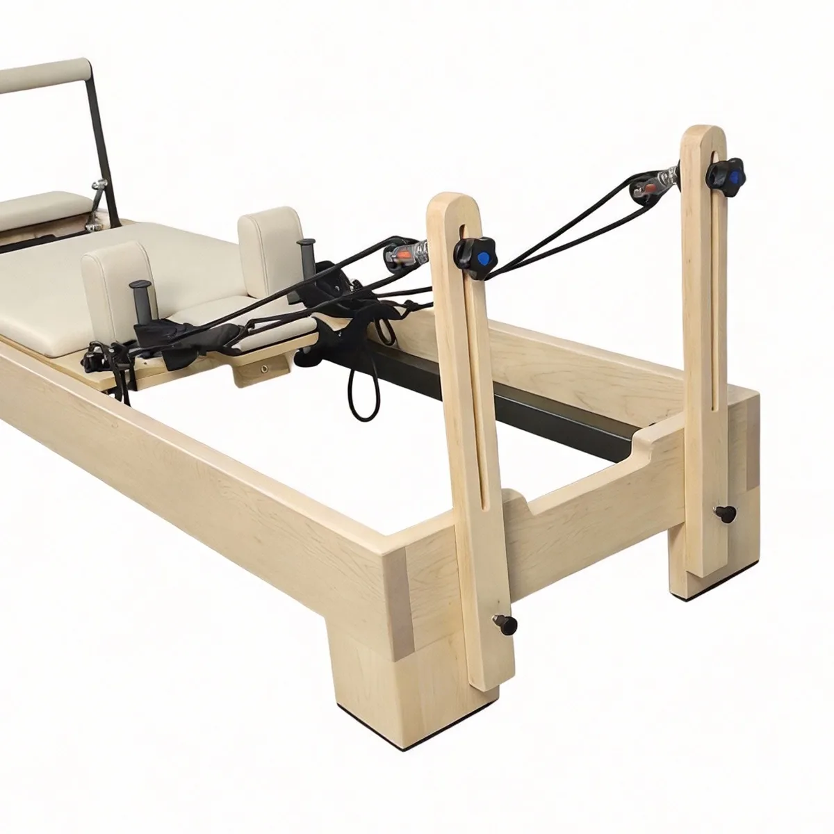 vimora reformer maple built in footbar 05.webp Vimora maple wood Pilates reformer with built-in footbar, for professional studio use