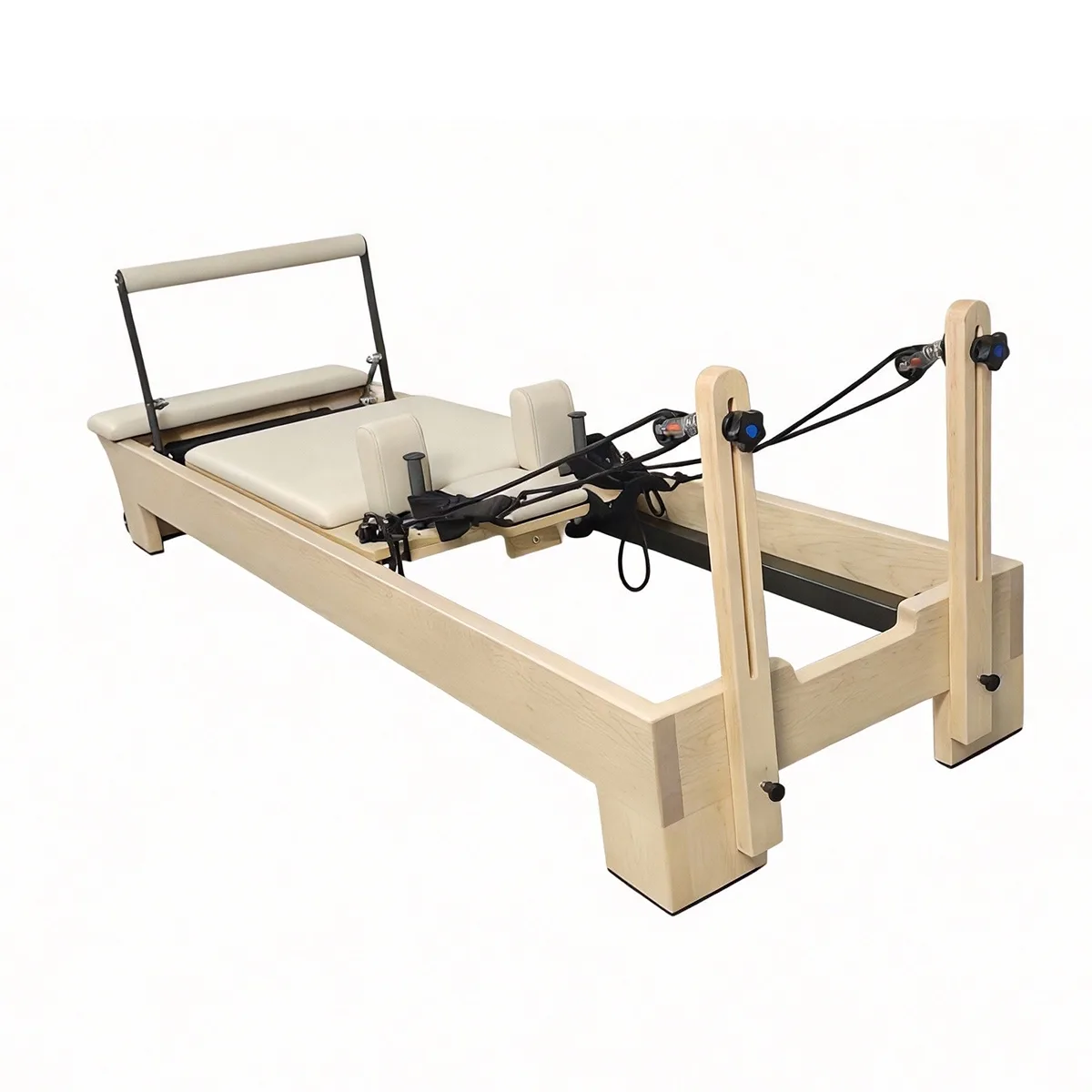 vimora reformer maple built in footbar 07.webp Vimora maple wood Pilates reformer with built-in footbar, for professional studio use