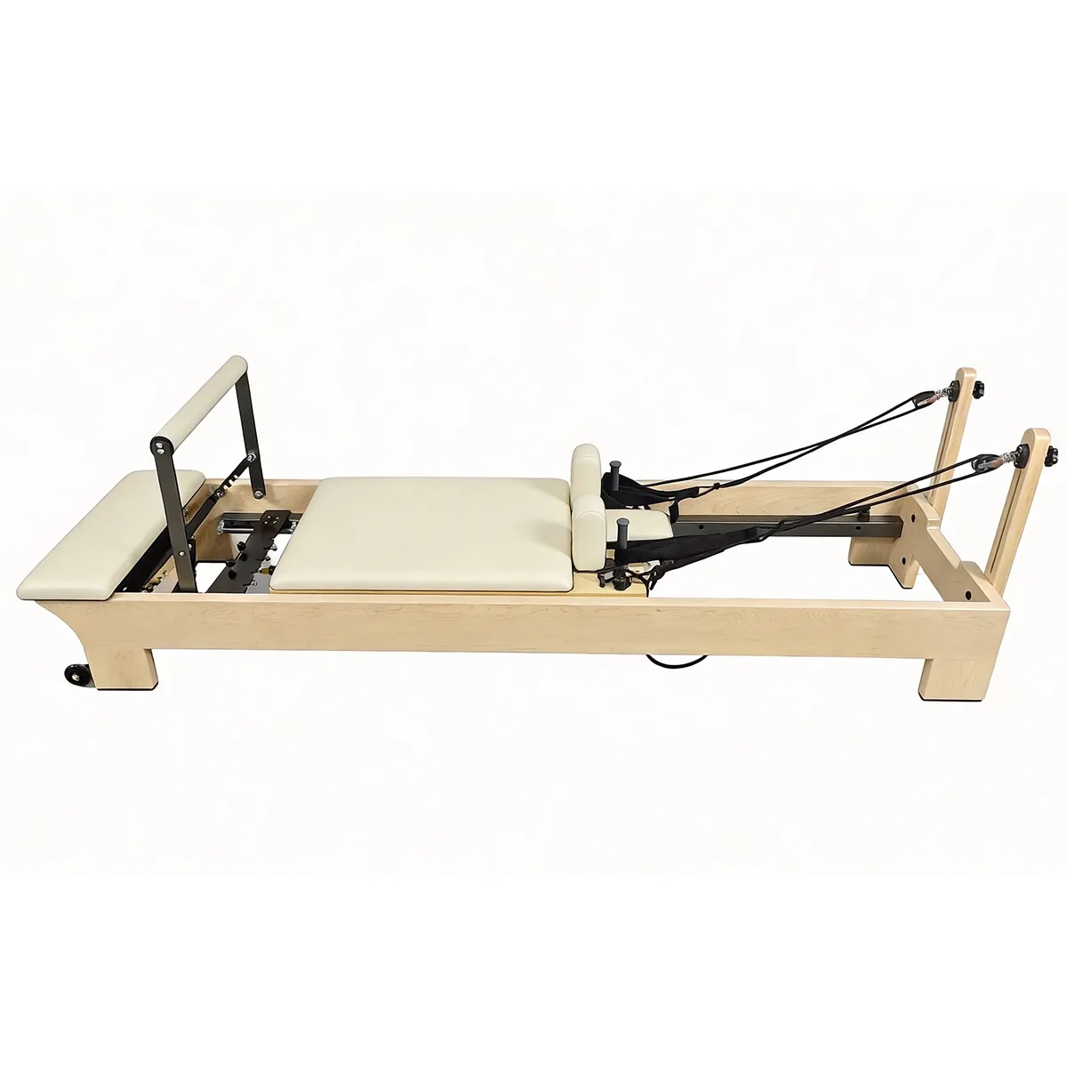 vimora reformer maple built in footbar 08.webp Vimora maple wood Pilates reformer with built-in footbar, for professional studio use
