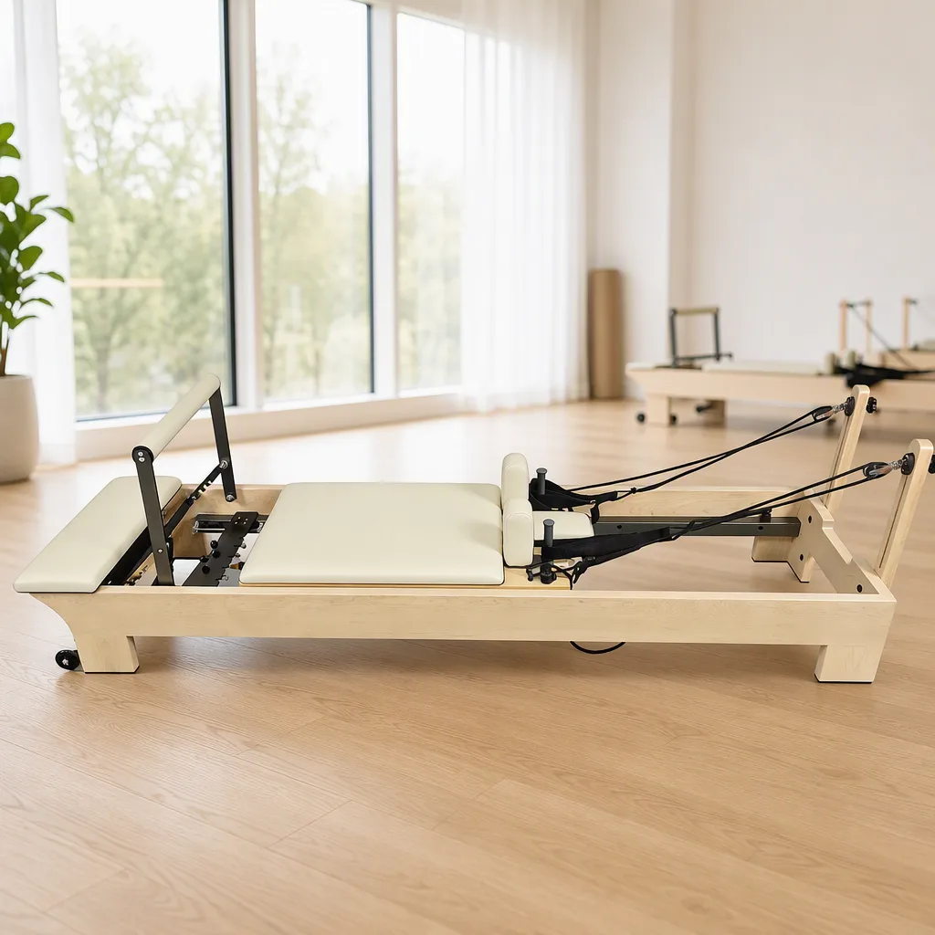 vimora reformer maple built in footbar 09.webp Vimora maple wood Pilates reformer with built-in footbar, for professional studio use