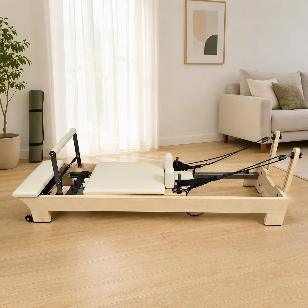 vimora reformer maple built in footbar 10.webp Vimora maple wood Pilates reformer with built-in footbar, for professional studio use