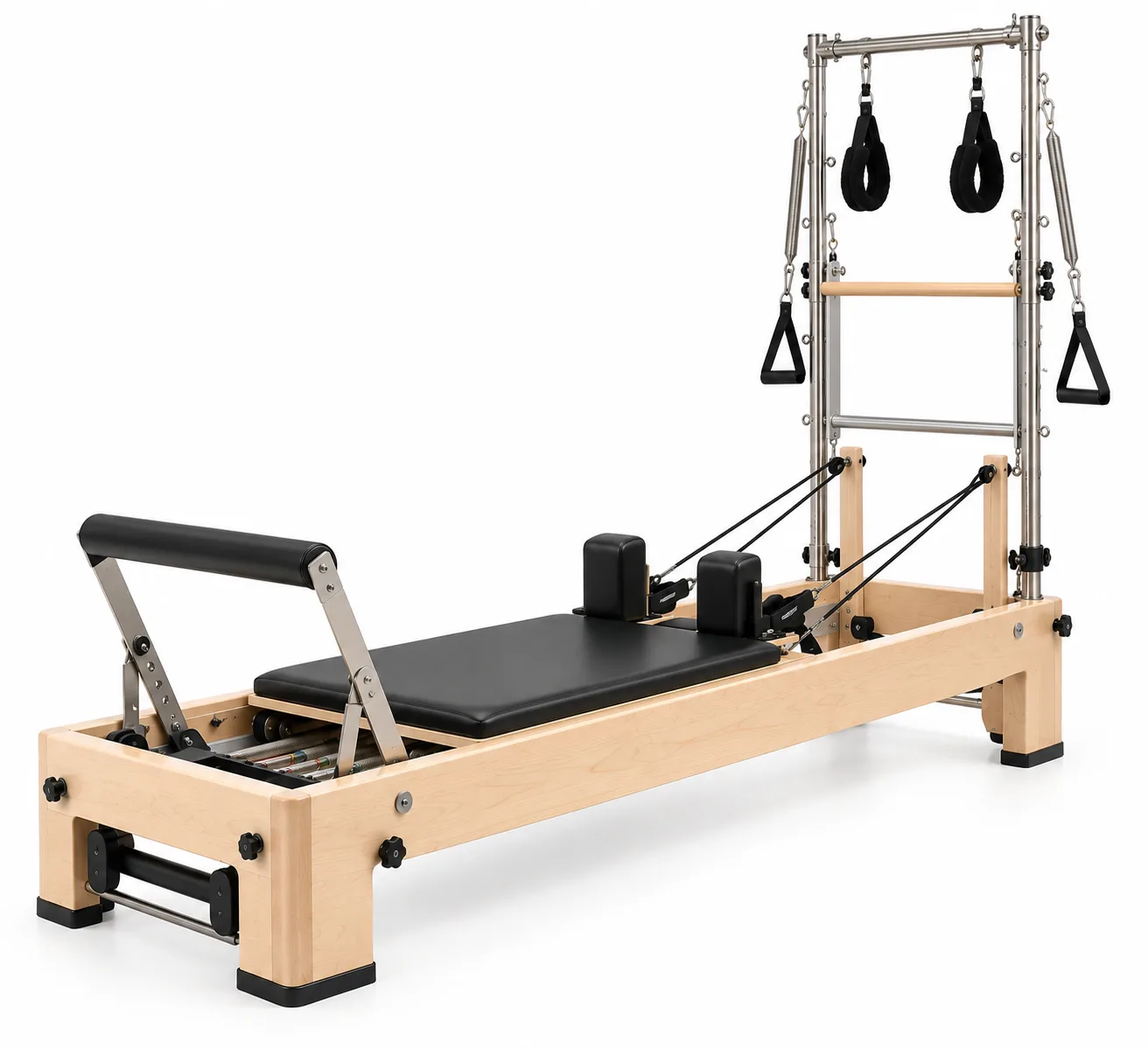 vimora reformer maple built in footbar half tower 02.webp Vimora maple wood Pilates reformer with built-in footbar with half tower, for professional studio use