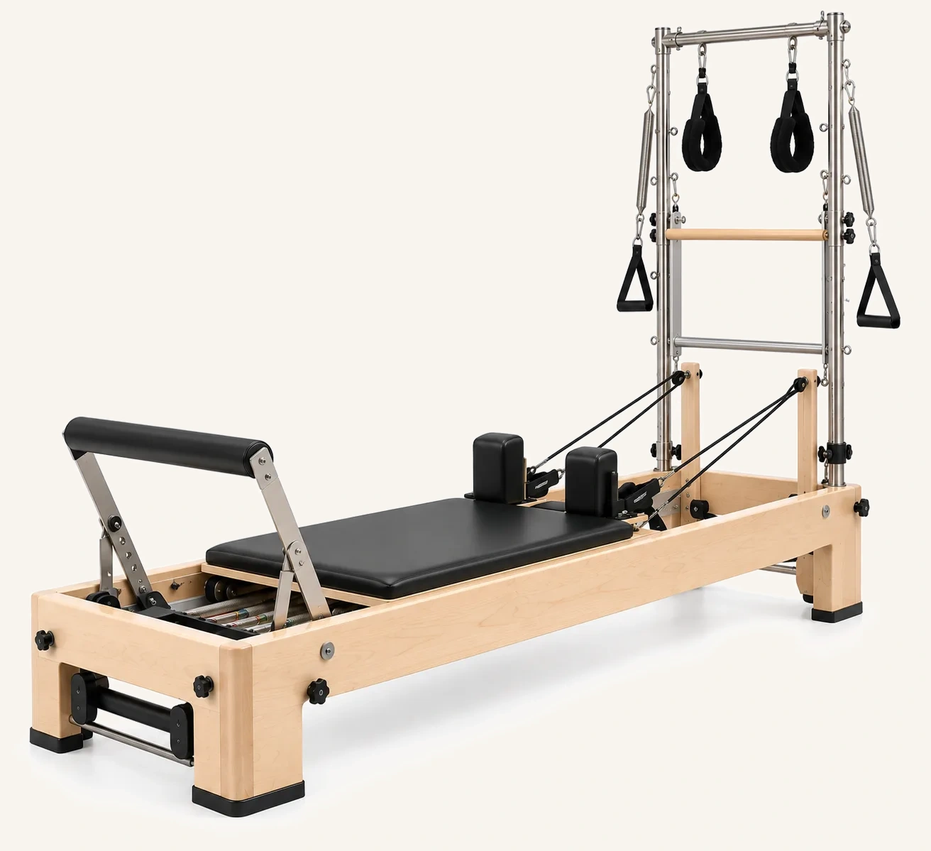 vimora reformer maple built in footbar half tower.webp Vimora maple wood Pilates reformer with built-in footbar with half tower, for professional studio use