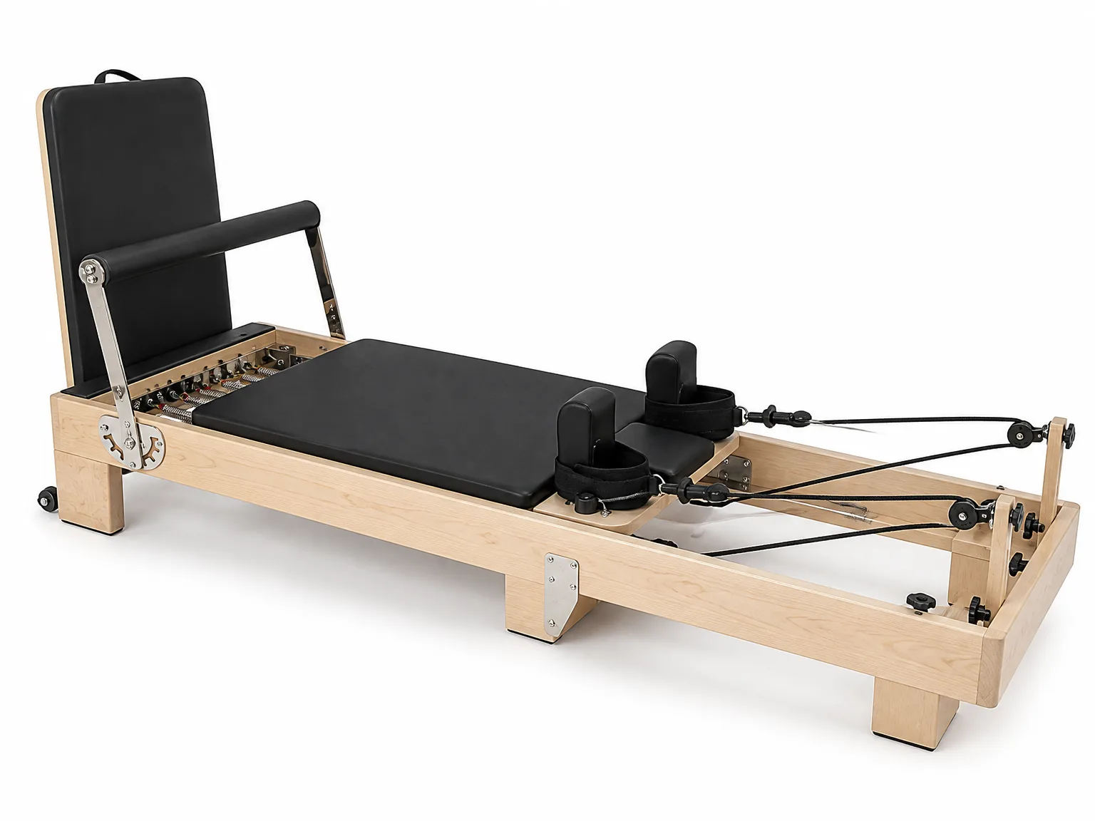 vimora reformer maple folding wooden legs 02.webp Vimora maple wood folding Pilates reformer with wooden legs, for professional studio use