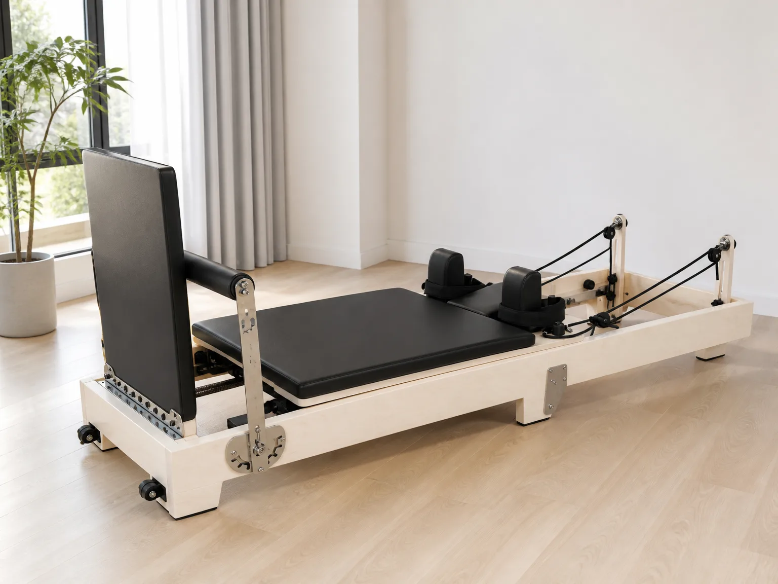 vimora reformer maple folding wooden legs 03.webp Vimora maple wood folding Pilates reformer with wooden legs, for professional studio use