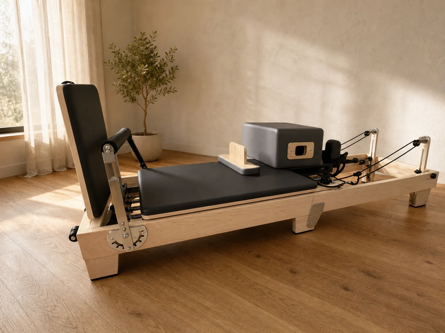 vimora reformer maple folding wooden legs 04.webp Vimora maple wood folding Pilates reformer with wooden legs, for professional studio use