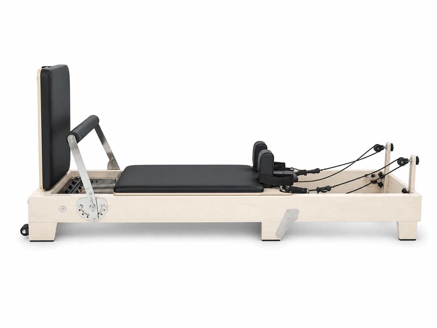 vimora reformer maple folding wooden legs 05.webp Vimora maple wood folding Pilates reformer with wooden legs, for professional studio use