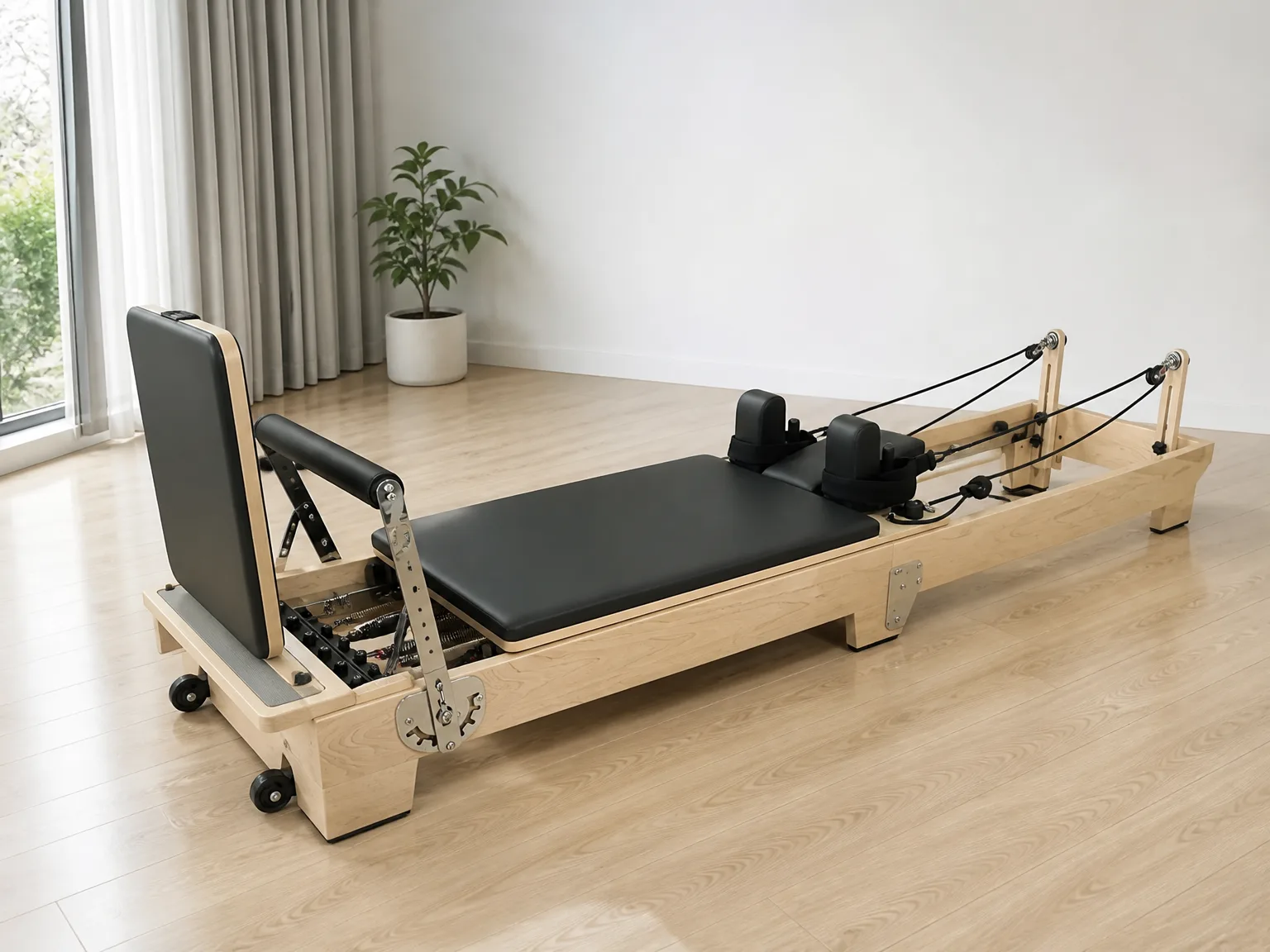 vimora reformer maple folding wooden legs 06.webp Vimora maple wood folding Pilates reformer with wooden legs, for professional studio use