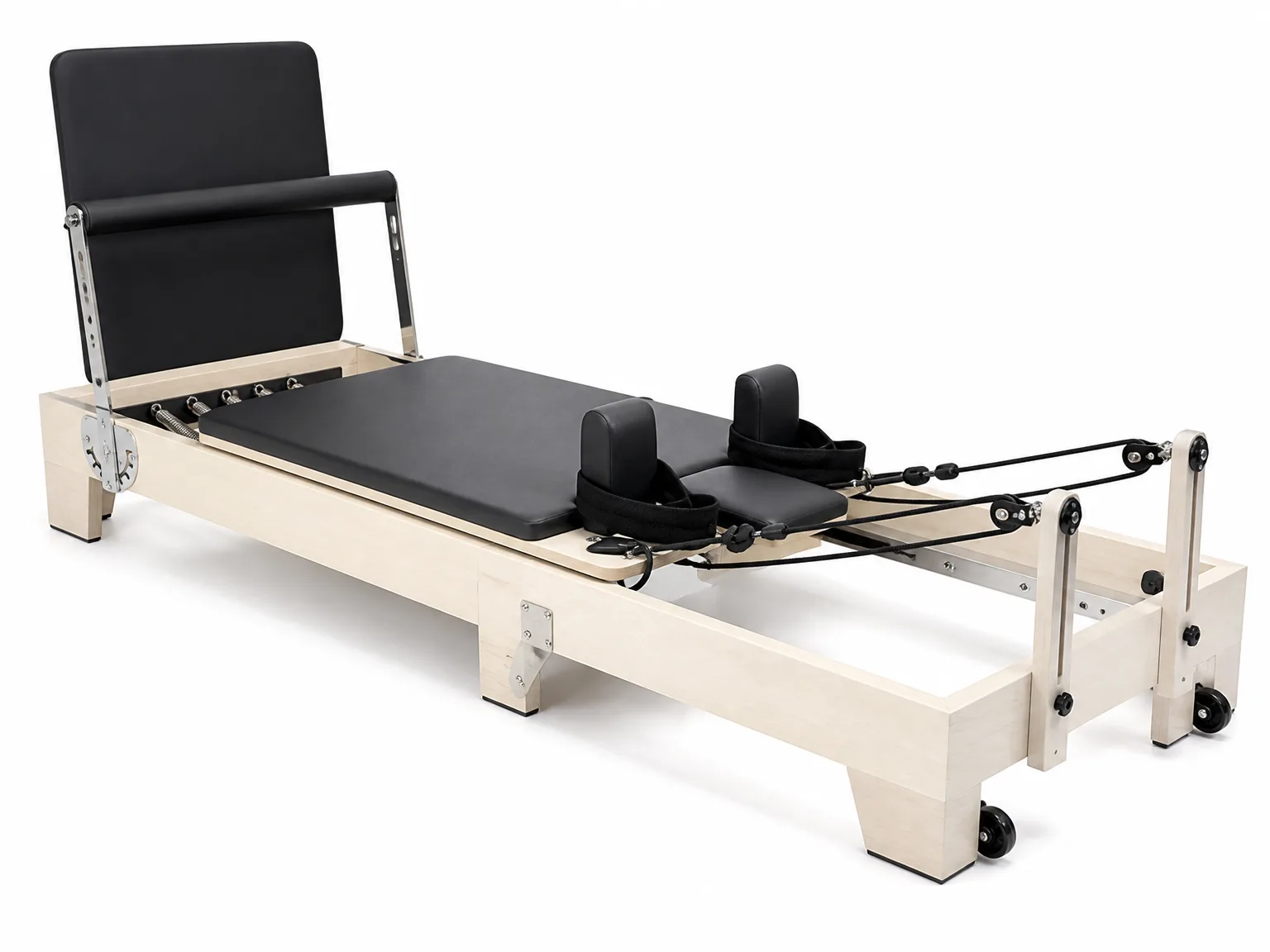 vimora reformer maple folding wooden legs 07.webp Vimora maple wood folding Pilates reformer with wooden legs, for professional studio use