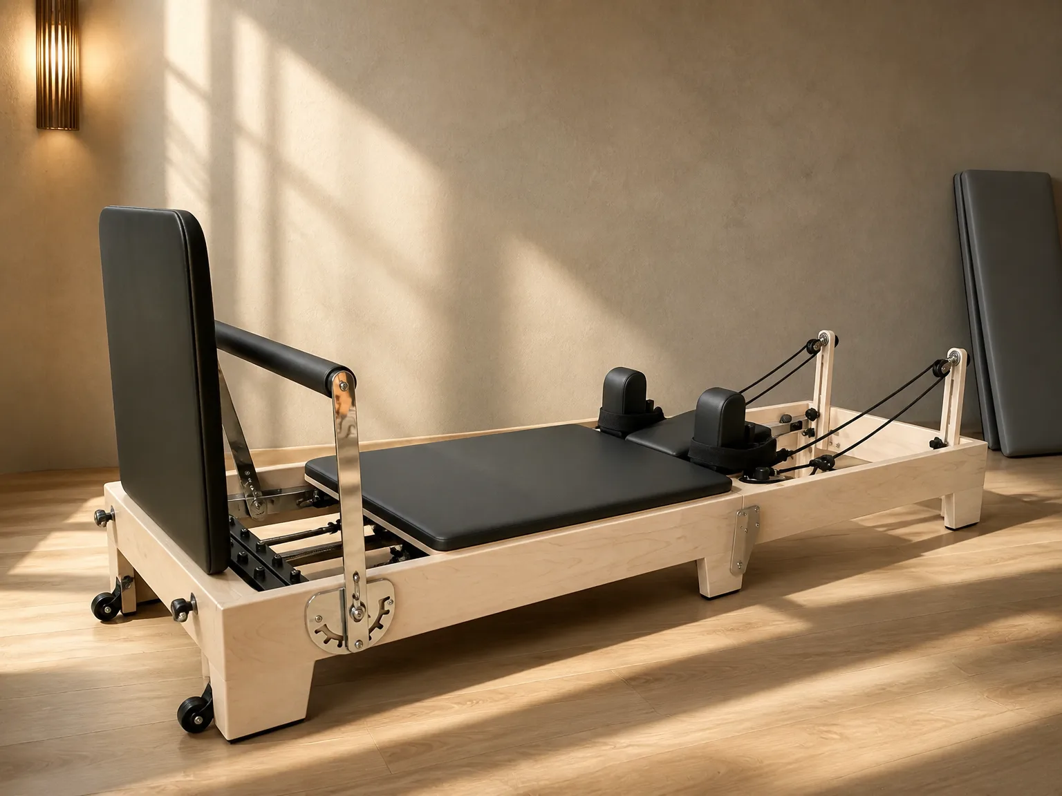 vimora reformer maple folding wooden legs 09.webp Vimora maple wood folding Pilates reformer with wooden legs, for professional studio use