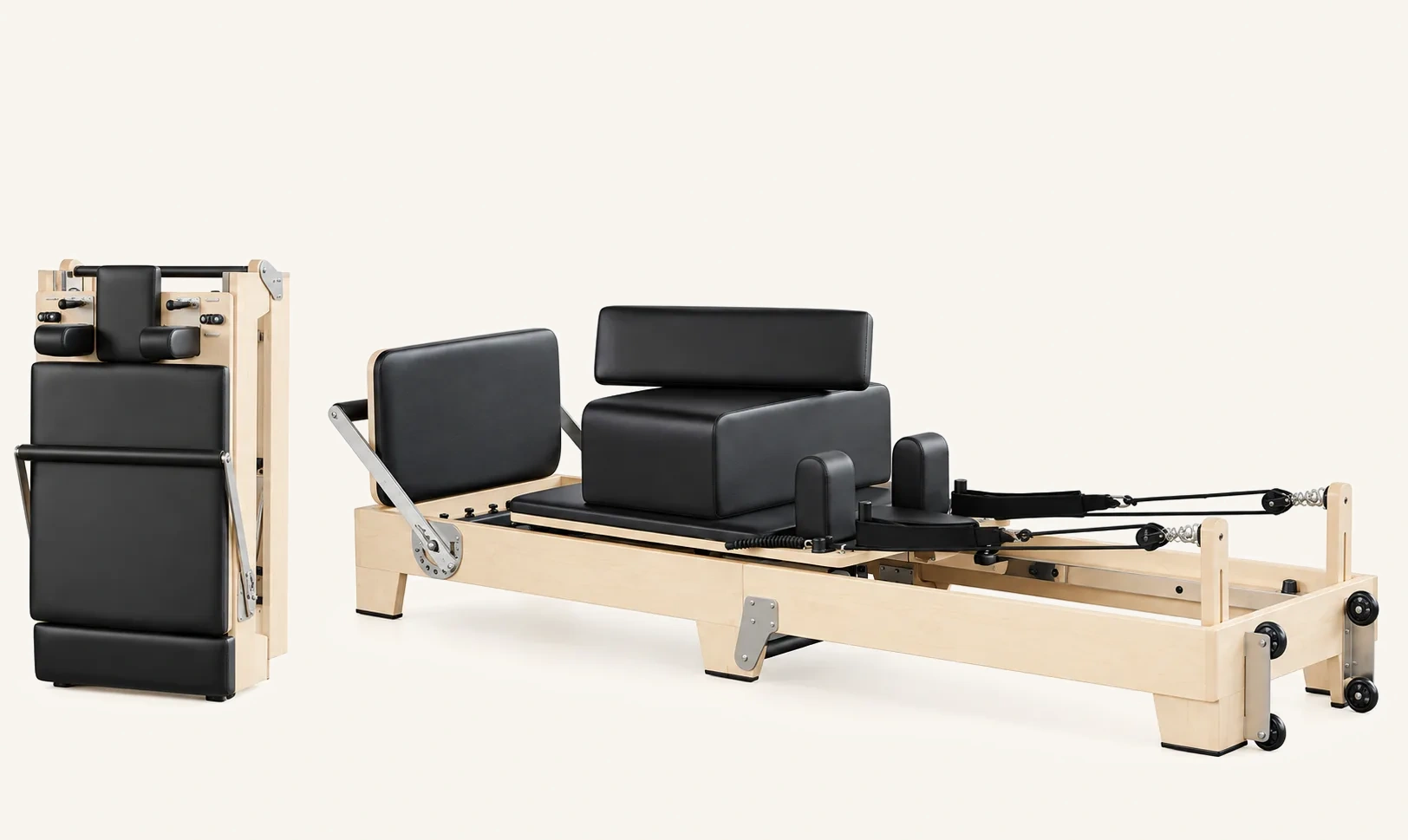 vimora reformer maple folding wooden legs.webp Vimora maple wood folding Pilates reformer with wooden legs, for professional studio use
