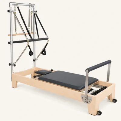 Vimora maple wood Pilates reformer with half tower, for professional studio use