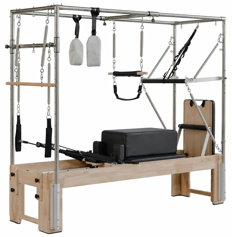 vimora reformer oak 3 in 1 built in footbar 02.webp Vimora oak wood 3-in-1 Pilates reformer with built-in footbar, for professional studio use