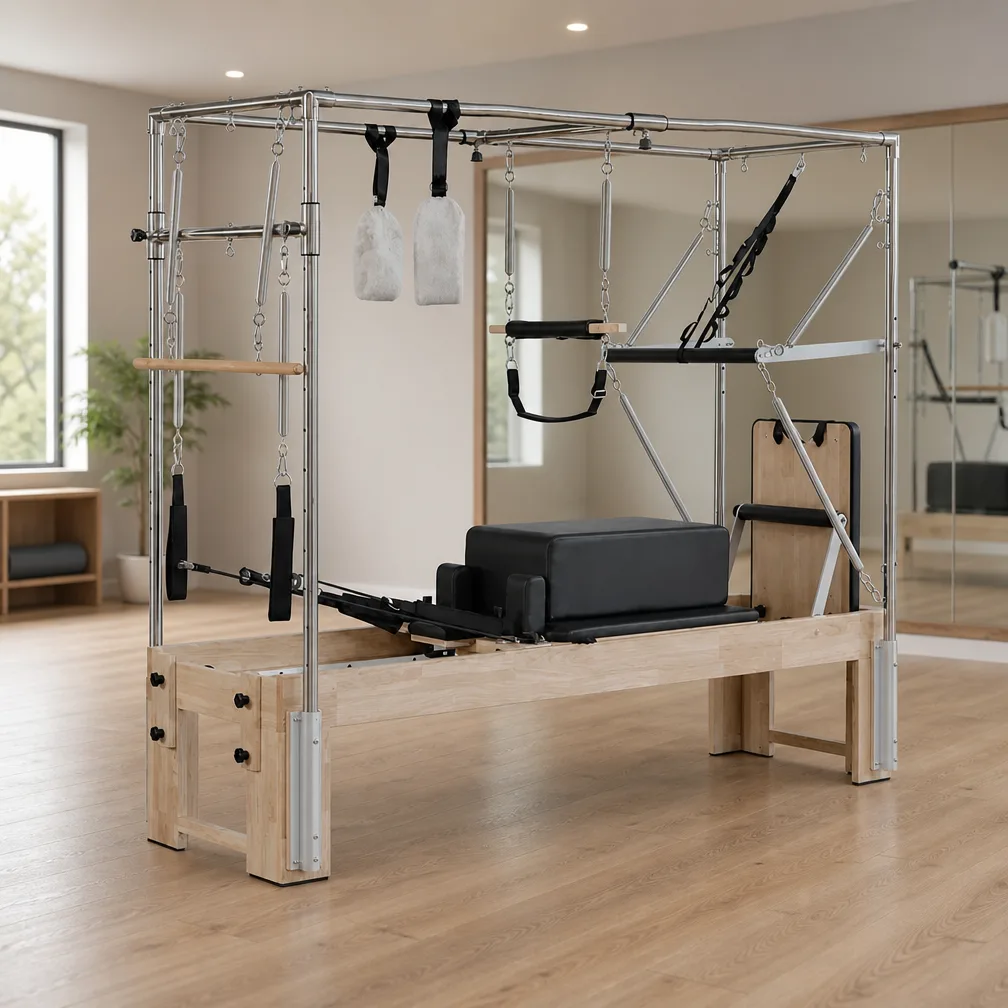 vimora reformer oak 3 in 1 built in footbar 03.webp Vimora oak wood 3-in-1 Pilates reformer with built-in footbar, for professional studio use