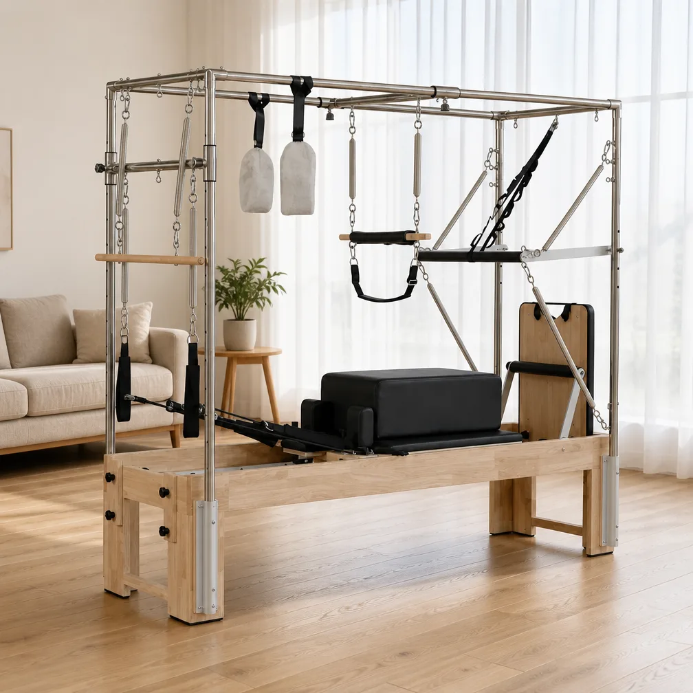 vimora reformer oak 3 in 1 built in footbar 04.webp Vimora oak wood 3-in-1 Pilates reformer with built-in footbar, for professional studio use