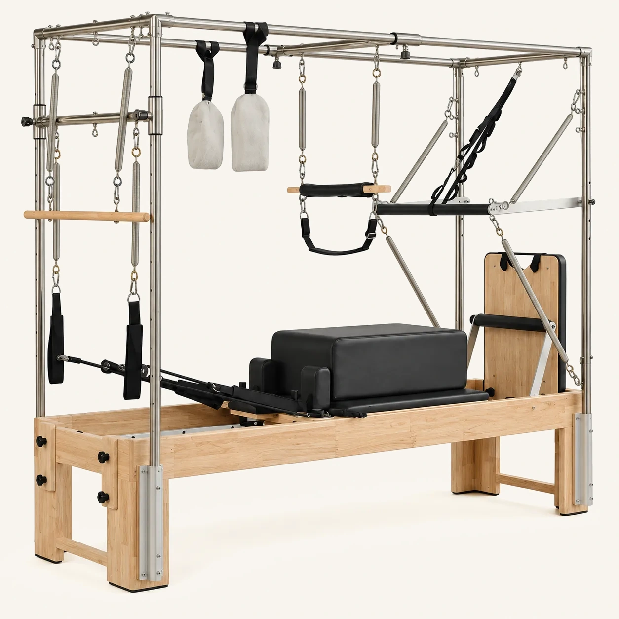 vimora reformer oak 3 in 1 built in footbar.webp Vimora oak wood 3-in-1 Pilates reformer with built-in footbar, for professional studio use