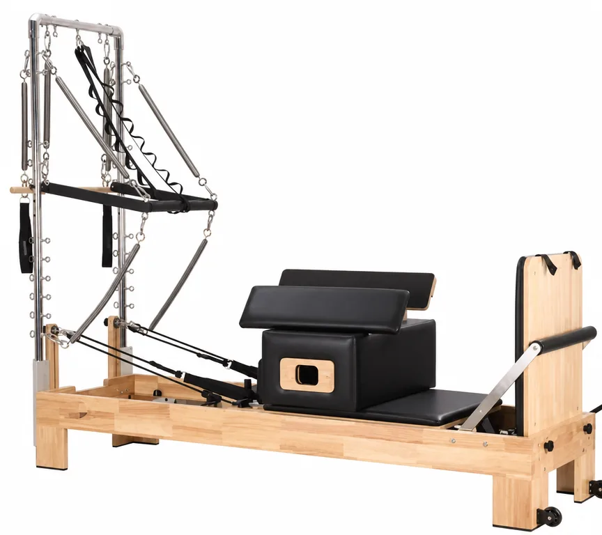 vimora reformer oak built in footbar half tower 03.webp Vimora oak wood Pilates reformer with built-in footbar with half tower, for professional studio use