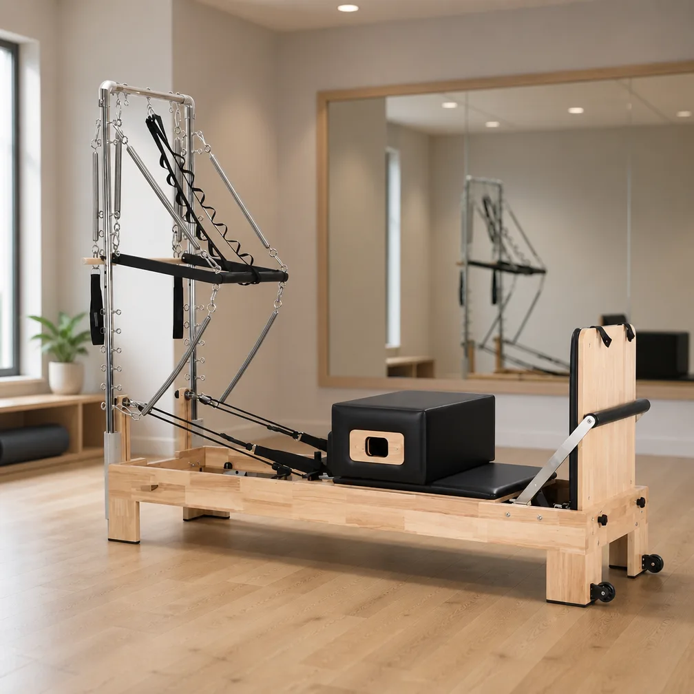 vimora reformer oak built in footbar half tower 04.webp Vimora oak wood Pilates reformer with built-in footbar with half tower, for professional studio use