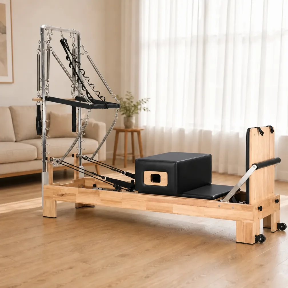 vimora reformer oak built in footbar half tower 05.webp Vimora oak wood Pilates reformer with built-in footbar with half tower, for professional studio use