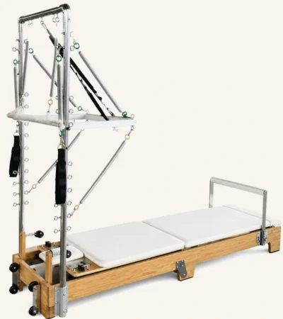 Vimora oak wood folding Pilates reformer with half tower, for professional studio use