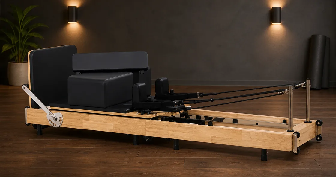 vimora reformer oak folding xf03 02.webp Vimora oak wood folding Pilates reformer, for professional studio use