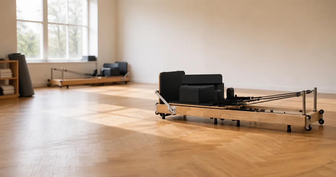 vimora reformer oak folding xf03 03.webp Vimora oak wood folding Pilates reformer, for professional studio use