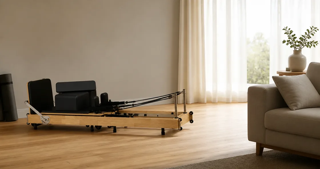 vimora reformer oak folding xf03 04.webp Vimora oak wood folding Pilates reformer, for professional studio use