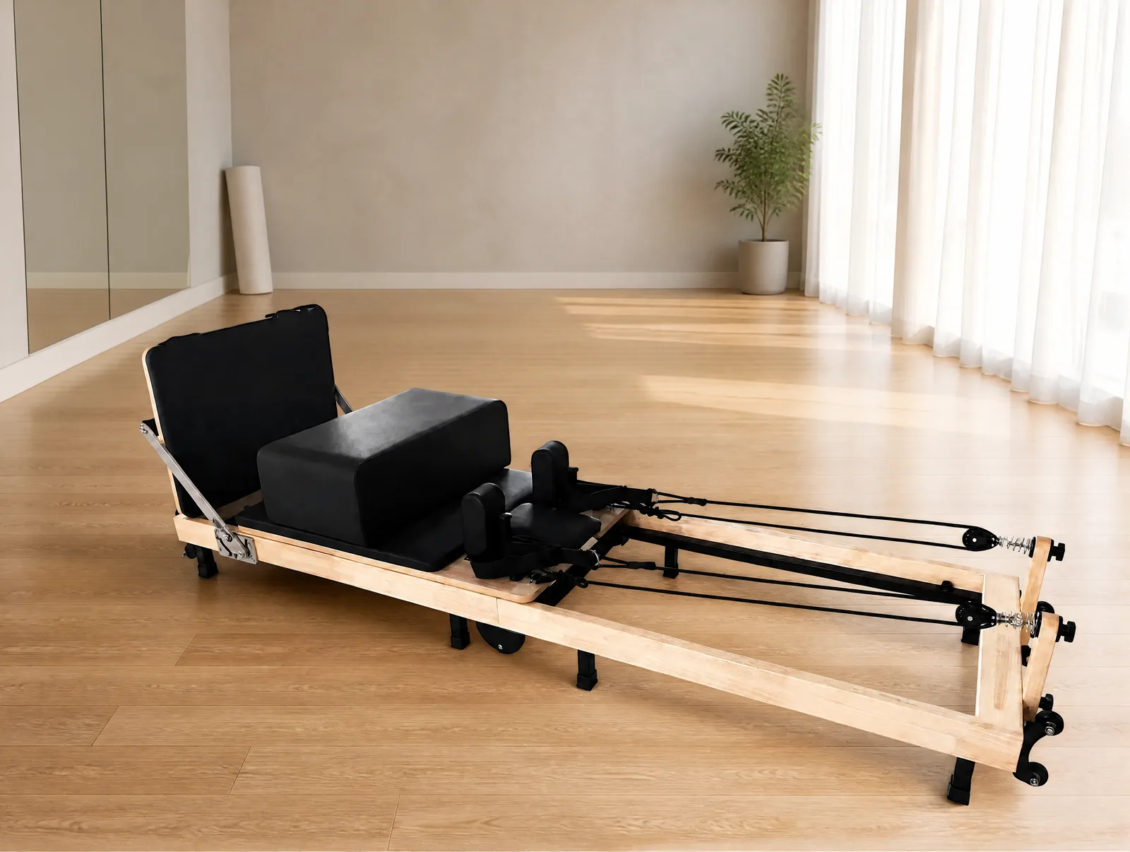 vimora reformer oak folding xf04 03.webp Vimora oak wood folding Pilates reformer, for professional studio use