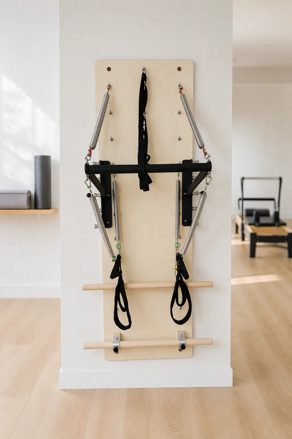 vimora wall unit maple 06.webp Vimora maple wood Pilates wall unit, for professional studio use